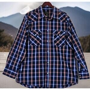 High Noon Men's Pearl Snap Blue Red Plaid Long Sleeve Cowboy Western Shirt XL